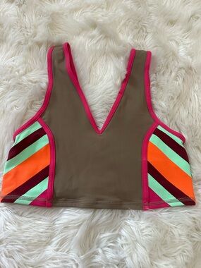 Vibrant Chevron-Trim Crop Swim Top - Brown & Neon Accents